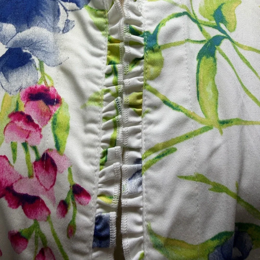 Chicos Size‎ 1 M Floral Ruffle Trim Open Front Jacket White Blue Pink Green